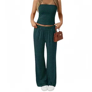 Two-piece women's casual striped loungewear set with tube top and wide-leg trousers