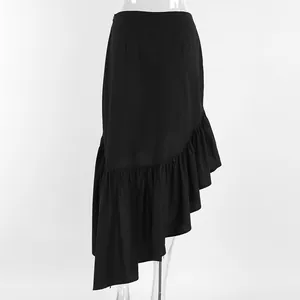 Elegant black asymmetric ruffled midi skirt with high waist French style commute design