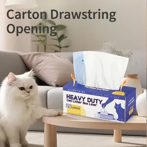 Heavy duty drawstring cat litter box liners in a convenient pull-out dispenser box