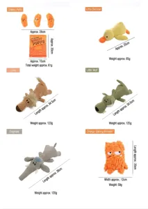 Comprehensive size and weight specifications for a collection of plush dog chew toys