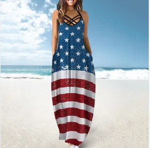 Detail of sleeveless maxi dress with American flag star and stripe print for summer