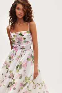 Floral chiffon suspender dress for women with elegant pink rose print detail