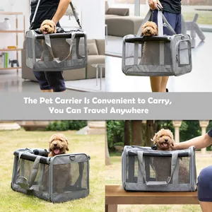 Four scenes showing the portable grey pet carrier with breathable mesh for dogs and cats