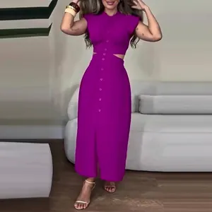 Chic magenta sleeveless dress featuring a trendy waist cutout and front button detail.