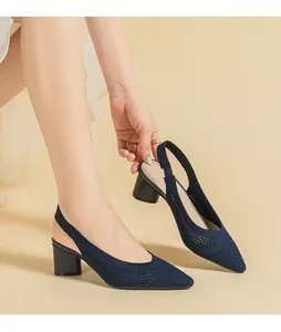 Elegant navy blue mesh slingback pumps with pointed toe and chunky block heel detail