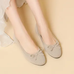 Elegant beige knitted flat ballet shoes for women with cute bow-knot and round toe
