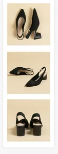 Multi-angle view of black knit pointed-toe slingback pumps with comfortable block heels
