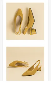 Close-up views of yellow knit pointed-toe slingback pumps with block heels