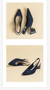 Detailed views of navy blue knit pointed-toe slingback sandals with a sturdy block heel.