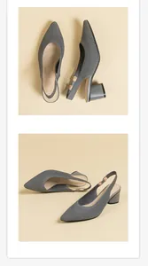 Close-up detail view of grey knit pointed-toe slingback sandals with mid-chunky heels