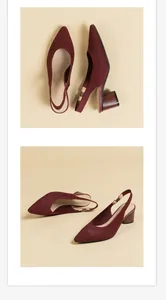 Detailed view of burgundy knit slingback pumps with a stylish and comfortable chunky heel.