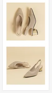 Pointed-toe knit slingback sandals with block heels shown from top and side angles.