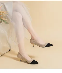 Side view of elegant breathable knit mesh kitten heel pumps with stylish pointed toe