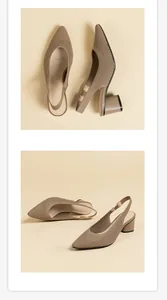 Detailed multi-angle views of brown knitted pointed-toe slingback sandals with chunky heels
