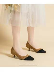 Detailed view of breathable bicolor knitted pointed kitten heel shoes on model
