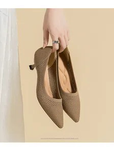 Close-up showing the breathable knit texture of khaki pointed toe kitten heel pumps