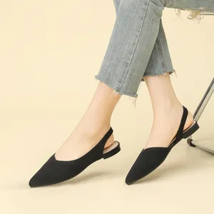 Elegant black pointed-toe fly-knit slingback flat sandals for women's fashion wear