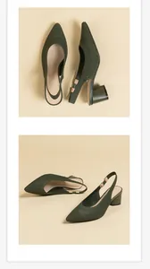 Close-up of olive green knit slingback pumps with breathable pointed toe and block heel