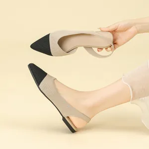 Elegant two-tone beige and black fly-knit pointed-toe slingback flat sandals for women