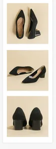 Detaillierte Ansichten von eleganten schwarzen Pumps mit spitzer Kappe und Blockabsatz