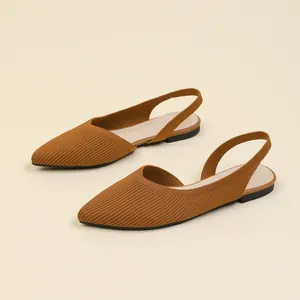 Elegant pointed-toe flyknit slingback flat shoes in caramel brown for stylish women.