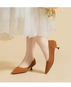 Elegant orange breathable knit pointed-toe kitten heels with mesh texture detail