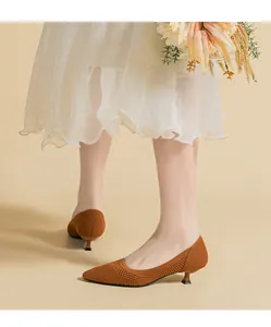 Detail shot of breathable brown knitted kitten heel pumps for women