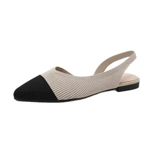 Comfortable pointed toe fly-knit slingback sandals for women in black and beige