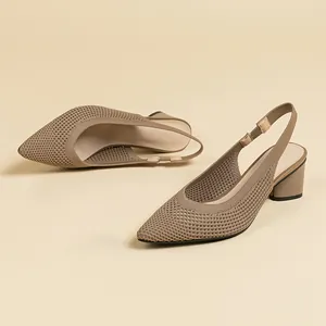 Women Knit Pointed Toe Slingback Sandals Elegant Hollow Out Block Heel Closed Toe Breathable Office Lady Dress Shoes