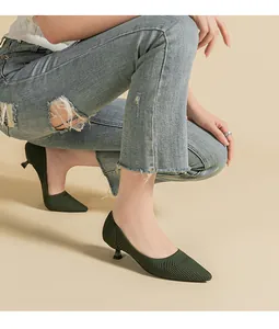 Breathable knitted pointed toe kitten heels for women in dark green olive finish