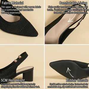 Elegant black knitted pointed toe slingback sandals with stable 5cm chunky mid-heel