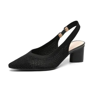 Elegant black knit slingback sandals with pointed toe and chunky block heel