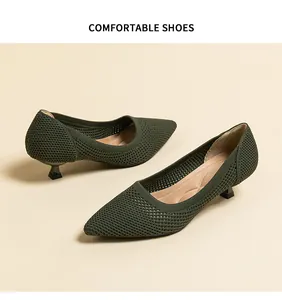 Detail of breathable knitted mesh pumps with pointed toe and kitten heels in olive.