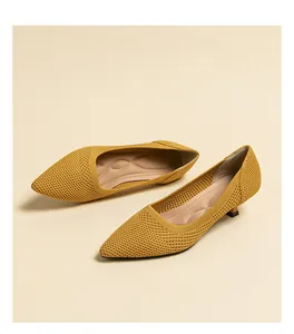 Elegant mustard yellow breathable knitted pointed-toe kitten heel shoes for women