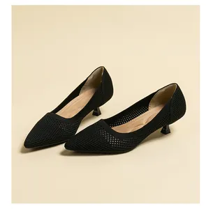 Elegant black breathable knitted pointed-toe kitten heels for women shown in high detail