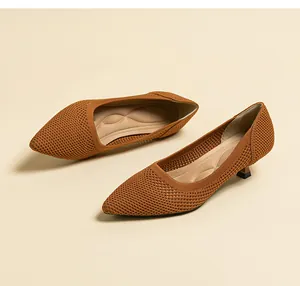 Breathable brown knitted pointed-toe kitten heels featuring a mesh textured finish