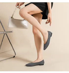 Gedetailleerd overzicht van grijze gebreide ballerina's met spitse neus en elegante ribtextuur.