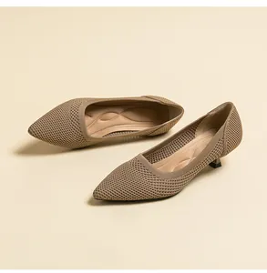 Professional close-up of breathable khaki knitted pointed-toe kitten heel pumps for women