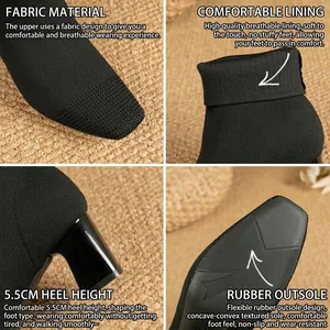 Botines de calcetín de punto negro con tacón de bloque de 5,5 cm y punta cuadrada