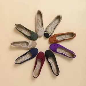 Scarpe Basse Fly-knit a Punta Arrotondata Stile Giapponese da Donna Elegante Fiocco Scollatura Bassa Ballerine Casual Pendolare Scarpe da Passeggio in Tessuto