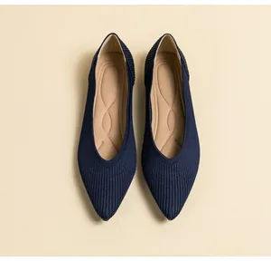 Detailweergave van marineblauwe spitse gebreide ballerina's met verticale strepen.