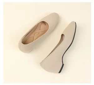 Elegant beige knitted square toe flat shoes for women with soft cushioned insole