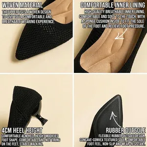 Elegant breathable black knitted pointed-toe pumps for women with 4cm kitten heel