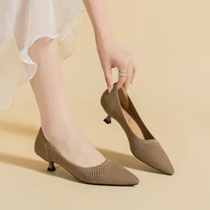 Elegant taupe breathable fly-knit pointed-toe kitten heels for women, stylish summer look.