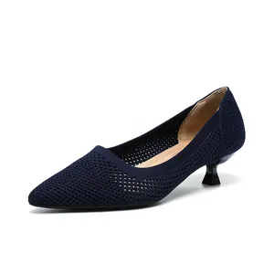 Elegant navy blue breathable fly-knit pointed-toe kitten heel pumps for professional women