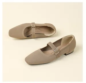 Elegant beige knitted Mary Jane flat shoes with adjustable silver buckle strap detail