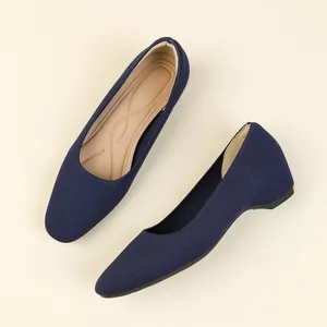 Stylish navy blue knit square toe flats for women with comfortable inner heightening wedge