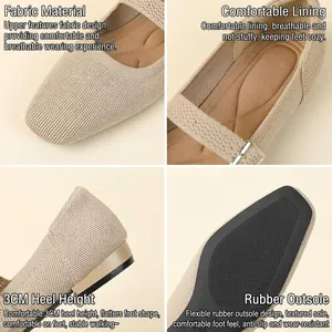 Detailed views of women's knitted Mary Jane shoes with 3cm heel and rubber sole.