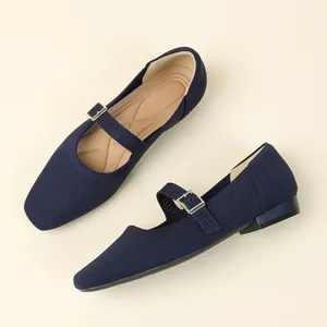 Comfortable breathable navy blue flyknit Mary Jane flat shoes with adjustable buckle strap