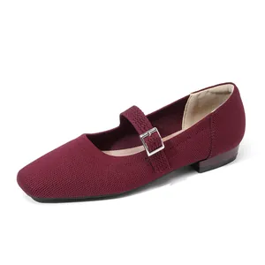 Elegant burgundy breathable flyknit Mary Jane flat shoes with buckle strap for women
